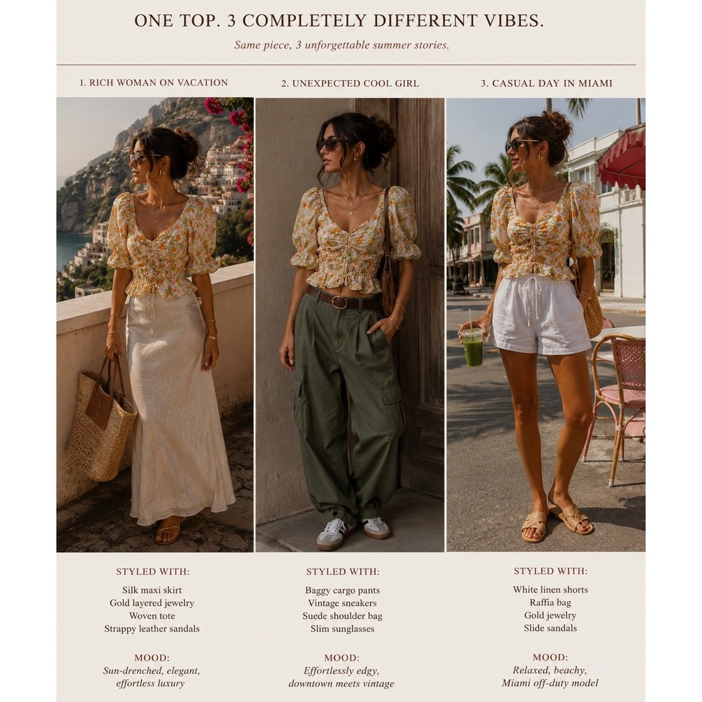 ASTR The Label Floral Puff Sleeve Ruched Crop Top Orange Yellow Green Womens M - Picture 2 of 6